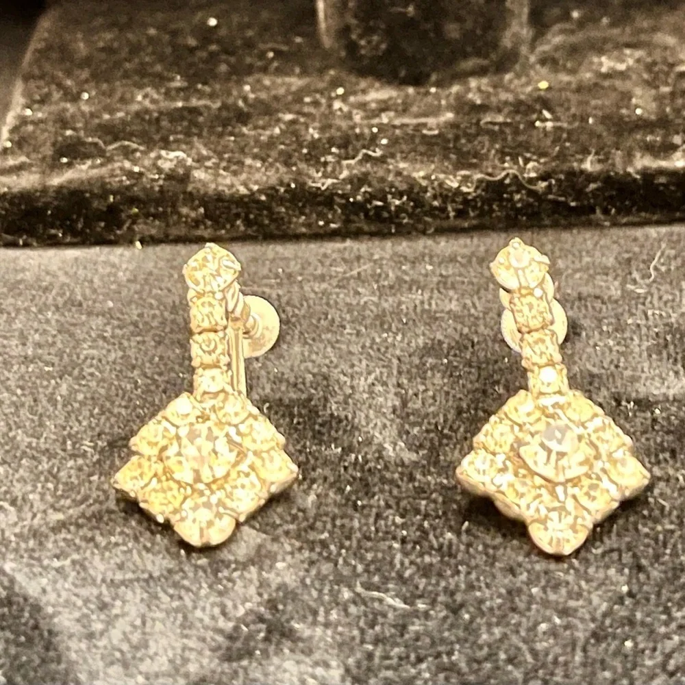 Vintage 1950s Rhinestone Crystal Drop Dangle Earrings Silver Tone Screw Back